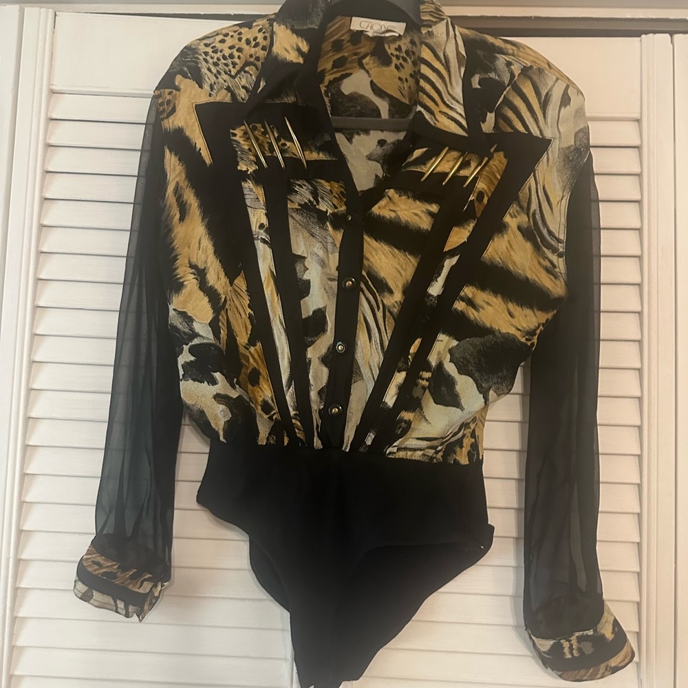 Cache Animal Print Bodysuit - Black and Gold
